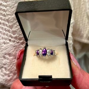 Sterling Silver Ring with Marquis Cut Amethyst and White Sapphire Stones. Size 5